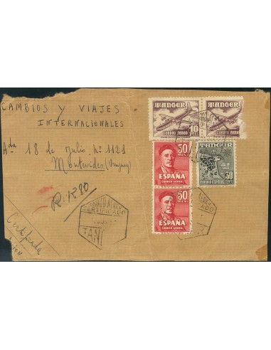 Tánger. Sobre 1016(2). 1951. 50 pts rojo, dos sellos y 30 cts y 10 pts (ligera erosión), sellos de Tánger. Frente de Certifica