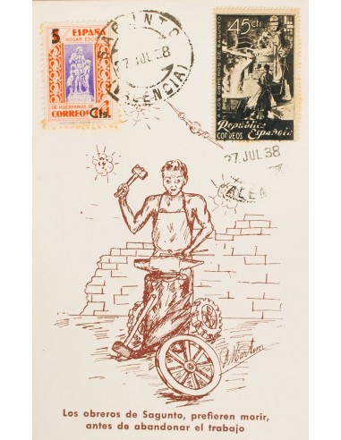 República Española. Sobre 773. 1938. 45 cts negro y sello de Beneficencia. Tarjeta Postal Ilustrada SIN CIRCULAR. Matasello SA