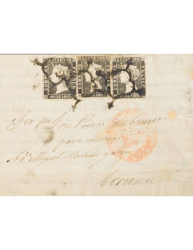 Isabel II. Periodo Sin Dentar. Sobre 1A(3). 1850. 6 cuartos negro, tres sellos. SANTIAGO a CORUÑA. MAGNIFICO Y RARISIMO TRIPLE