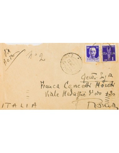 Guerra Civil. Voluntario Italiano. Sobre . 1937. 50 cts violeta y 1 lira violeta. SEVILLA a ROMA. Matasello UFFICIO POSTALE  S
