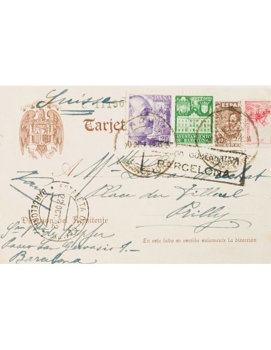 Entero Postal. Sobre EP83, 917, 922. 1942. 20 cts castaño sobre Tarjeta Entero Postal de BARCELONA a PRILLY (SUIZA), con franq