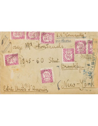 Guerra Civil. Bando Republicano. Sobre 749(8). 1938. 25 cts lila rosa, ocho sellos (dos sellos desprendidos). Certificado desd