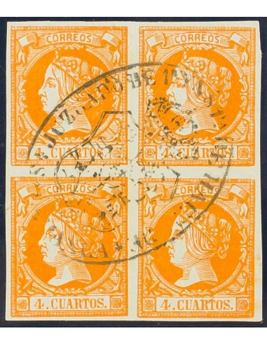 Castilla y León. Filatelia. º52(4). 1860. 4 cuartos naranja, bloque de cuatro. Matasello JUZGADO DE 1ª YNSTª DE HACª DE / SALA