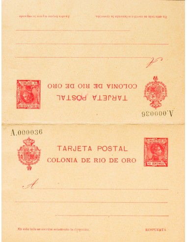 Río de Oro. Entero Postal. (*)EP4. 1907. 10 cts + 10 cts carmín sobre Tarjeta Entero Postal de ida y vuelta. MAGNIFICA Y RARA.