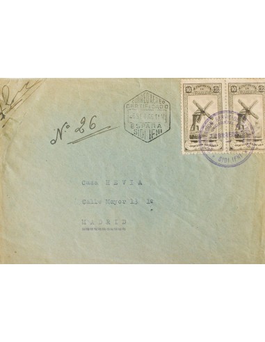 Ifni. Sobre . 1956. 10 cts negro, dos sellos, viñeta de Mutualidad de Correos. Certificado de SIDI IFNI a MADRID. Matasello IN