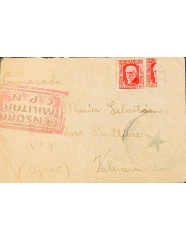 Guerra Civil. Censura Militar Bando Republicano. Sobre 734, 734f. 1937. 30 cts rojo, dos sellos, uno BISECTADO. CIRAT a VALENC