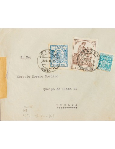 Fiscal. Sobre 3. 1936. 25 cts azul, 15 cts castaño y 15 cts azul de telégrafos. ARACENA a HUELVA. MAGNIFICA Y RARO FRANQUEO.