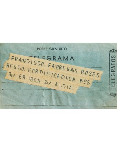Telegramas. Sobre . 1939. Telegrama de EL MASNOU a MELILLA. MAGNIFICO.