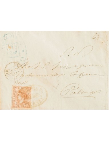 Islas Baleares. Historia Postal. Sobre 96. 1867. 50 mils castaño. POLLENSA a PALMA. Matasello especial CARTERIA DE / BALEARES