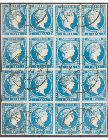 Andalucía. Filatelia. º49(16). 1855. 1 real azul, bloque de dieciseis. Matasello R.CARRETA Nº6, de Málaga. MAGNIFICO Y RARO.