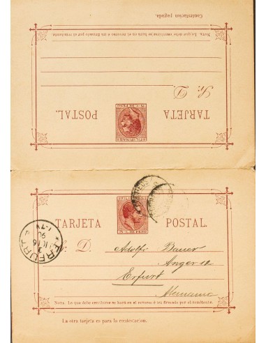Filipinas. Entero Postal. Sobre EP5. 1890. 5 cts + 5 ctvs carmín sobre Tarjeta Entero Postal de ida y vuelta, la ida circulada