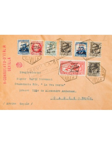 Guerra Civil. Emisión Local Patriótica. Sobre 1, 3(3), 10, 17, 25, 27. 1938. 1 cts, 5 cts, tres sellos, 40 cts, 20 cts, 30 cts