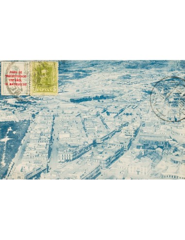Marruecos. Sobre 74. 1928. 1 cts verde y sello de España de 2 cts oliva (Vaquer). Tarjeta Postal de MELILLA a MERIDA (MEXICO).