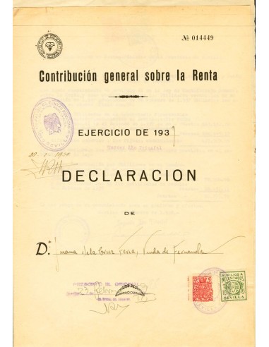 Fiscal. Sobre 91. 1939. 25 cts carmín y 10 cts verde benéfico de Sevilla. Declaración de la Renta de 1939. Matasello ADMINISTR