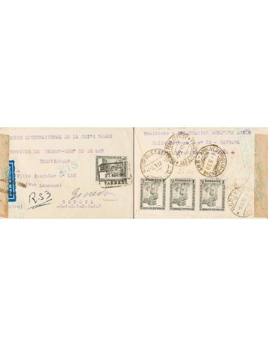 República Española Correo Aéreo. Sobre 673(4). 1938. 1 pts pizarra, cuatro sellos (tres al dorso). Certificado de TARRASA a GE