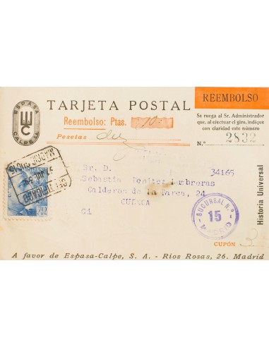 Estado Español Correo Certificado. Sobre 874. 1939. 70 cts azul. Tarjeta Postal "Espasa Calpe" Certificada y Contrarreembolso