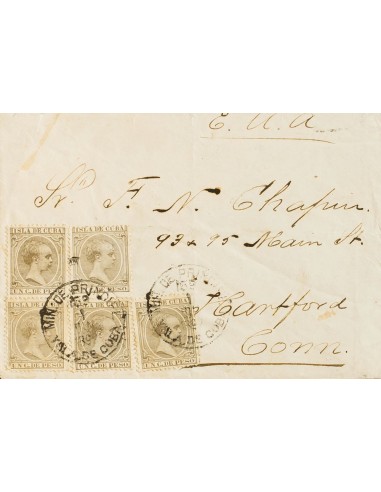 Cuba. Sobre 124(5). 1889. 1 cts oliva gris, cinco sellos. MIN DE PRINCIPE a HARTFORD (U.S.A.). Al dorso tránsito. MAGNIFICA Y