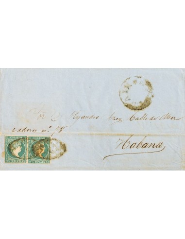 Cuba. Sobre Ant.7(2). 1858. ½ real azul, pareja. BAINOA a HABANA. En el frente marca prefilatélica BAINOA, en negro. MAGNIFICA