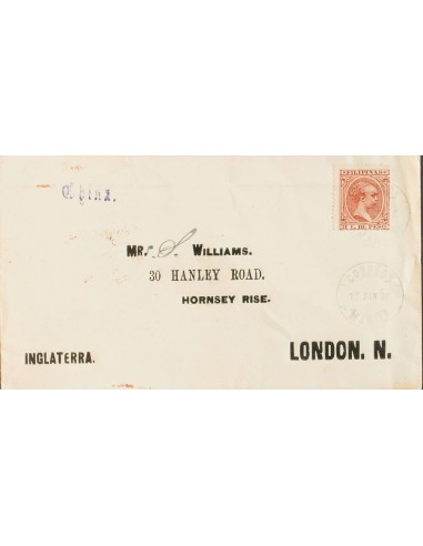 Cuba. Sobre 113. 1898. 8 ctvos castaño rojizo. MANILA a LONDRES. En el frente marca lineal CHINA, al dorso llegada. MAGNIFICA