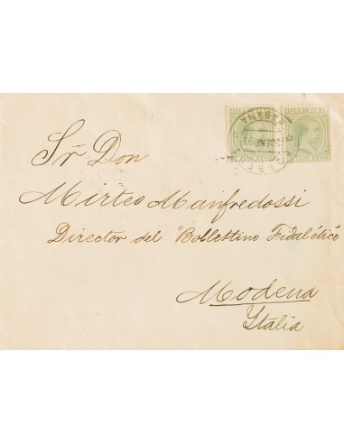 Cuba. Sobre 127(2). 1893. 5 cts verde, pareja. HABANA a MODENA (ITALIA). Al dorso llegada. MAGNIFICA E INUSUAL DESTINO.