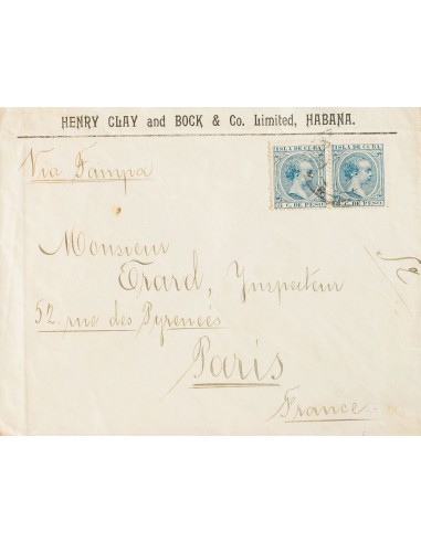 Cuba. Sobre 149. 1897. 5 cts azul, pareja. HABANA a PARIS (FRANCIA). Al dorso llegada. MAGNIFICA Y RARO FRANQUEO.