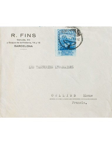 República Española. Sobre 644. 1931. 40 cts azul. BARCELONA a OULLINS (FRANCIA). MAGNIFICA Y RARA.