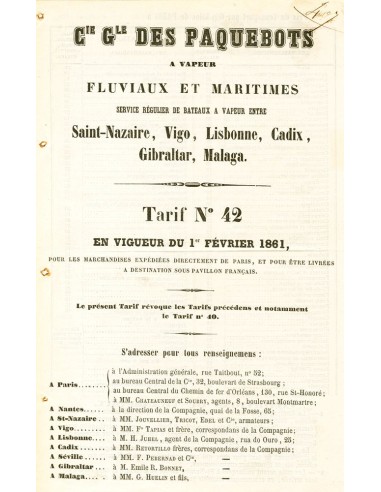 Correo Marítimo. Sobre . 1861. Lista de Tarifas de la COMPAÑIA GENERAL DE PAQUEBOTS Y VAPORES FLUVIALES Y MARITIMOS FRANCESES,