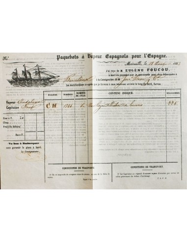 Correo Marítimo. Sobre . 1863. Justificante de transporte de mercancías de los PAQUEBOTS A VAPEUR ESPAGNOLS POUR L´ESPAGNE de