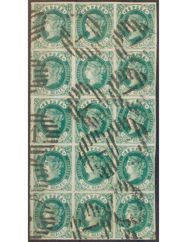 Isabel II. Periodo Sin Dentar. º62(15). 1862. 2 reales verde, bloque de quince. Matasello PARRILLA CON Nº1, de Madrid. MAGNIFI