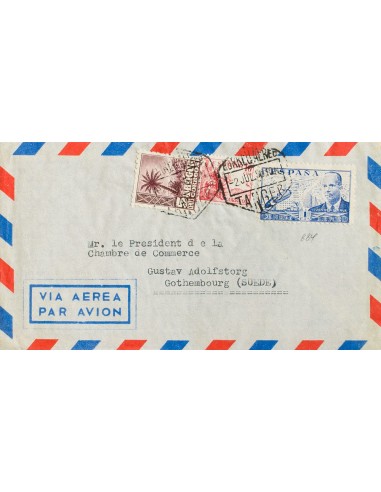 Tánger. Sobre 153. 1950. 5 cts castaño violeta y sellos de España 10 cts carmín y 1 pts azul. Correo Aéreo de TANGER a GOTEMBU