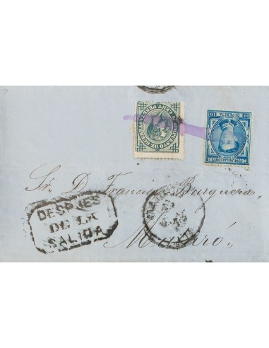 Alfonso XII. Sobre 175, 183. 1876. 10 cts azul y 5 cts verde. MADRID a MATARO. Inutilizados "a pincel" y en el frente marca DE
