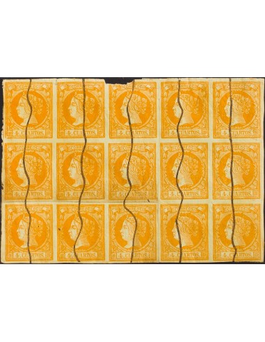 Falso Postal. º52F(15). 1860. 4 cuartos amarillo, dos bloques de seis (alguno con defecto) y tira de tres (todos reunidos reco