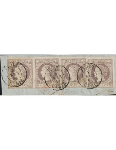 Andalucía. Filatelia. Fragmento 56(4). 1860. 2 reales lila, tira de cuatro, sobre fragmento. Matasello JEREZ / CADIZ. MAGNIFIC
