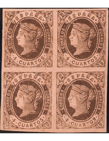 Falso Postal. *58F(4). 1862. 4 cuartos castaño, bloque de cuatro. FALSO POSTAL TIPO II. MAGNIFICO Y RARISIMO BLOQUE DE CUATRO.