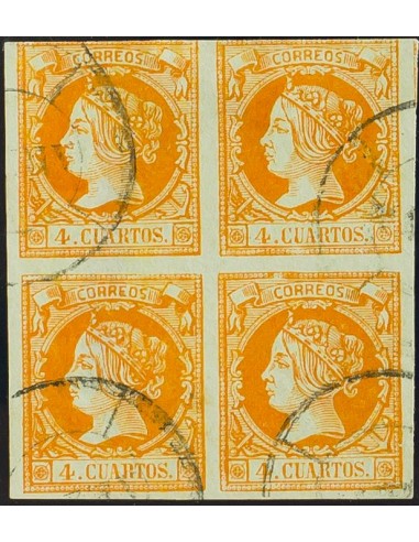 Galicia. Filatelia. º52(4). 1860. 4 cuartos amarillo, bloque de cuatro. Matasello prefilatélico R.CARRETA DE ARZUA (CORUÑA). M