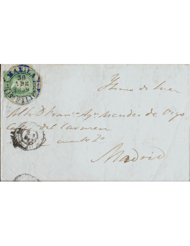 Filipinas. Sobre Ant.2. 1859. 1 real verde. MANILA a MADRID. Matasello MANILA / IS. FILIP, en azul. MAGNIFICA Y RARA.