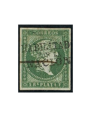 Filipinas. º20D. 1868. 1 real verde. Matasello RAYA DE PLUMA. MAGNIFICA.