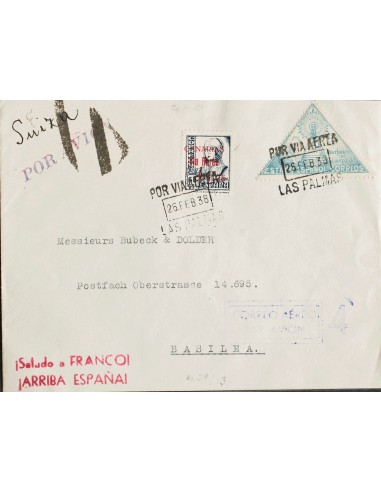 Canarias. Sobre 51, Benef 20. 1938. 5 cts y 1´25 pts sobre 50 cts. Carta Aérea de LAS PALMAS a BASILEA (SUIZA). MAGNIFICA.