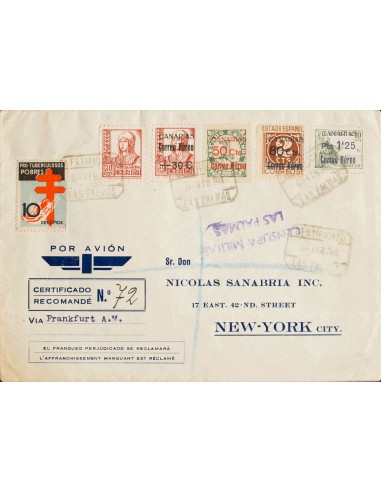 Canarias. Sobre 37/40. 1938. Cuatro primeros valores de la serie, 10 cts y 30 cts. Carta Aérea Certificada de LAS PALMAS a NUE