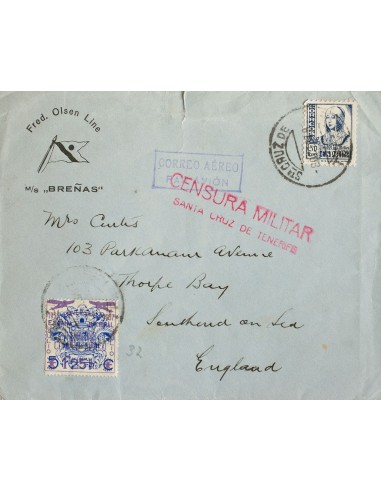 Canarias. Sobre 33. 1938. 1´25 pts sobre 5 cts y 50 cts. Carta Aérea de SANTA CRUZ DE TENERIFE a INGLATERRA. MAGNIFICA.