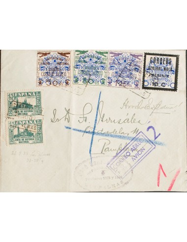 Canarias. Sobre 31/33. 1937. Serie completa, 15 cts, pareja y 10 cts, sello local LAS PALMAS. Carta Aérea Certificada de LAS P