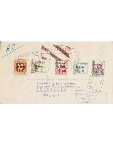 Canarias. Sobre 44/46, 50/51. 1938. Cinco valores de la serie. Carta Aérea Certificada de LAS PALMAS a BRUSELAS (BELGICA). MAG