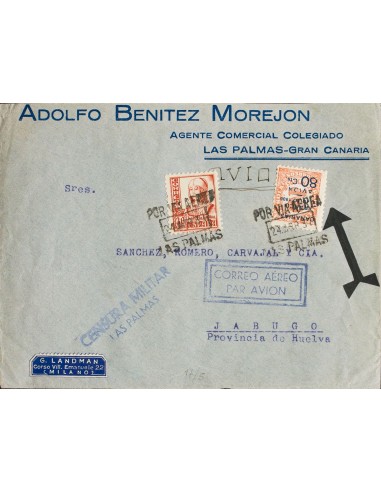 Canarias. Sobre 12. 1937. 30 cts y 80 cts sobre 2 cts. Carta Aérea de LAS PALMAS a JABUGO. MAGNIFICA.