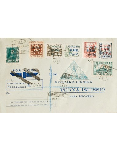 Canarias. Sobre 44/46, 50/51, Ben. 20. 1938. Diversos valores. Carta Aérea Certificada de LAS PALMAS a TEGNA (SUIZA). Al dorso