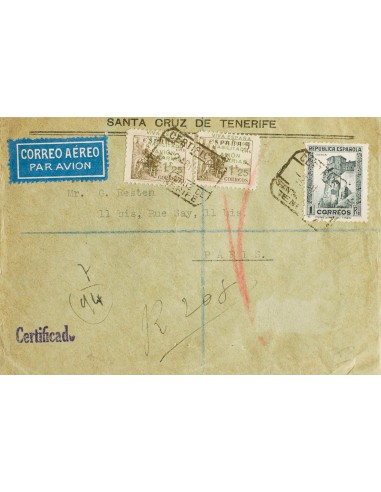 Canarias. Sobre 10(2). 1937. 1 pts, 1´25 pts sobre 5 cts, dos sellos.  Carta Aérea Certificada de SANTA CRUZ DE TENERIFE a PAR