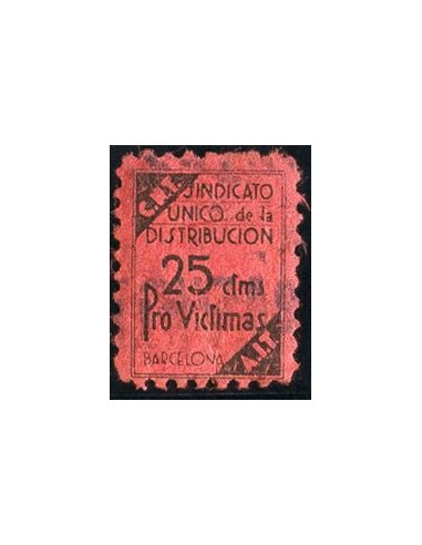 Guerra Civil. Viñeta. º. 1937. 25 cts negro sobre rojo. CNT-AIT SINDICATO UNICO DE LA DISTRIBUCION / PRO VICTIMAS. MAGNIFICO Y