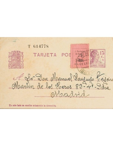 Guerra Civil. Locales. Sobre . 1936. 15 cts sobre Tarjeta Entero Postal y 5 cts rosa (Tipo III) Local de JUNTA PROVINCIAL DE S