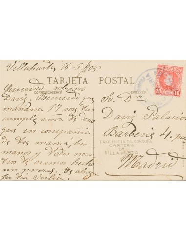 Andalucía. Historia Postal. Sobre 243. 1908. 10 cts rojo. VILLAHARTA (CORDOBA) a CORDOBA. Matasello PROVINCIA DE CORDOBA / CAR