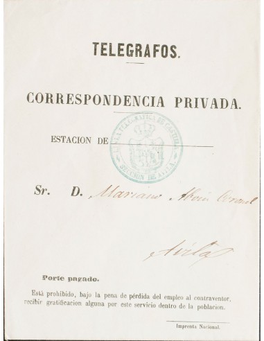 Telégrafos. Sobre . 1862. Sobre Telegrama dirigido a AVILA. En el frente marca LINEA TELEGRAFICA DE CASTILLA / SECCION DE AVIL