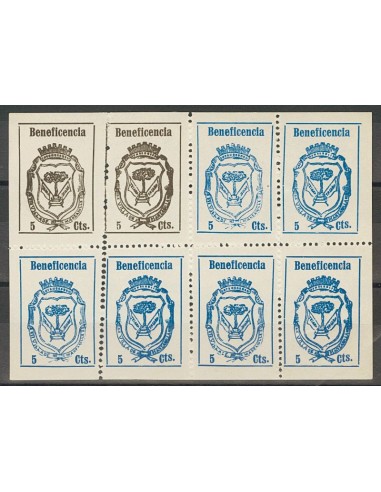 Guerra Civil. Locales. (*). 1937. 5 cts negro, dos sellos y 5 cts azul, seis sellos, en minihoja completa de ocho (incluye la